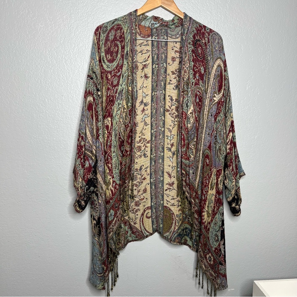 Burgundy paisley floral woven silk pashmina fringe kimono cover up/border cardig